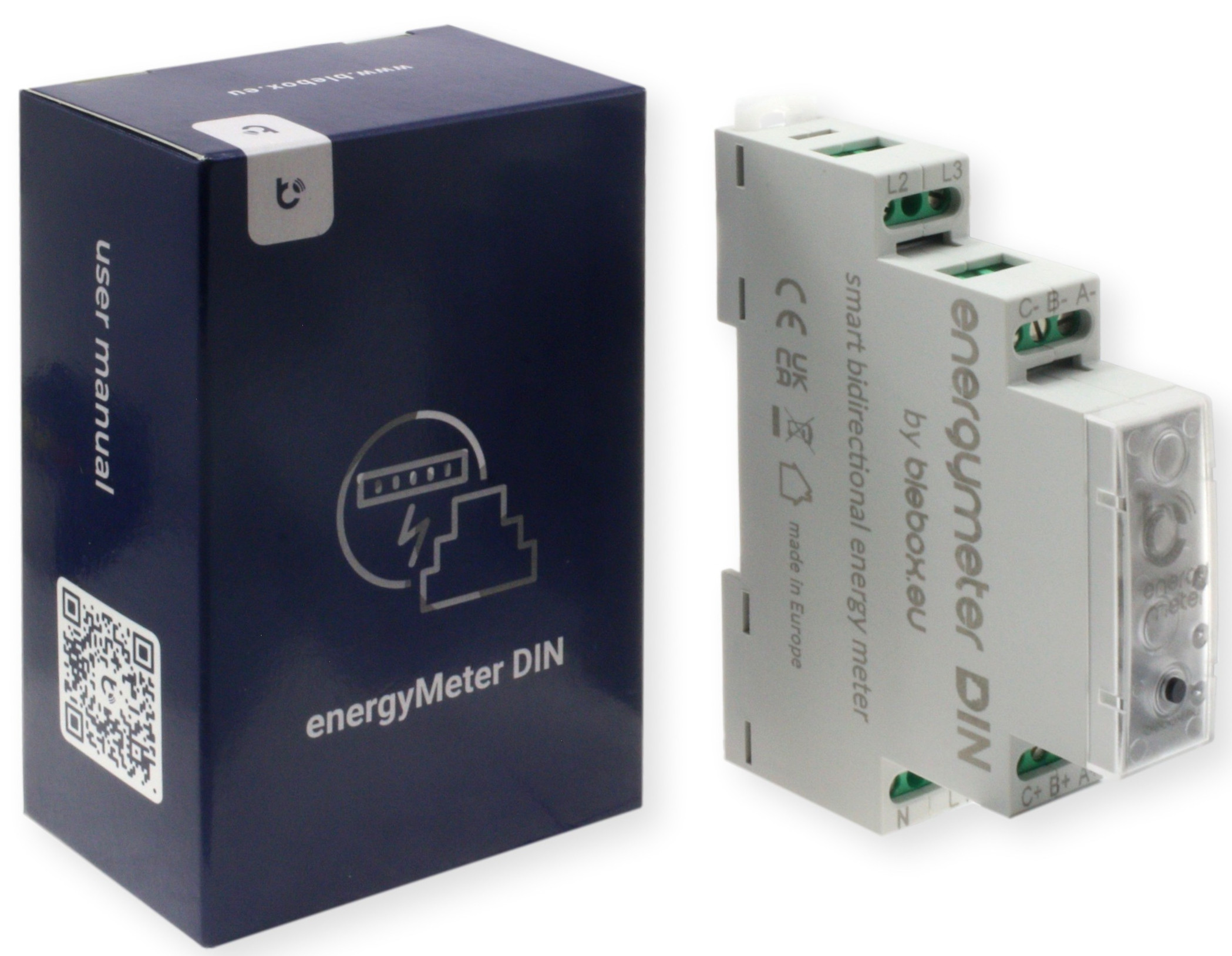 BleBox energyMeter DIN – inteligentny licznik energii WiFi do montażu na szynie DIN, w opakowaniu z instrukcją.