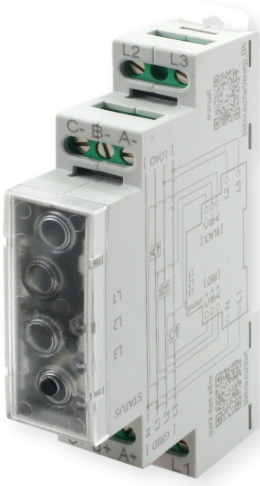 BleBox energyMeter DIN – licznik energii WiFi, schemat montażowy i oznaczenia terminali L1-L3 na białym przełączniku.