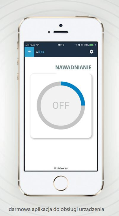 BleBox switchBoxDC - smartfon z aplikacją wBox, funkcja nawadniania wyłączona. Darmowa aplikacja do sterowania urządzeniem.