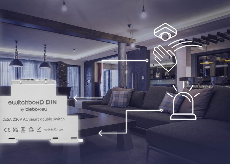 SwitchBoxD DIN blebox – inteligentny podwójny wyłącznik 2x5A 230V AC do montażu na szynie DIN. Sterowanie ręczne i bezprzewodowe.
