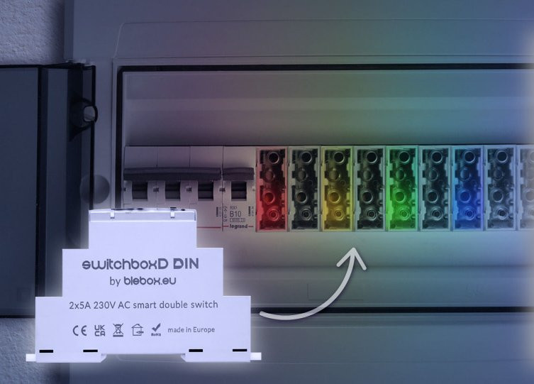 switchBoxD DIN blebox – dwukanałowy inteligentny przełącznik elektryczny w szafie配电, 230V AC, 2x5A. Producent: blebox.eu