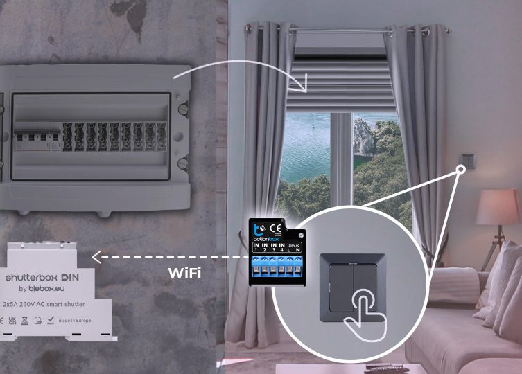 shutterbox DIN - moduł do rolet shutterbox DIN – inteligentny moduł sterujący roletami WiFi, montaż w szafce elektrycznej. Sterowanie aplikacją, made in Europe.