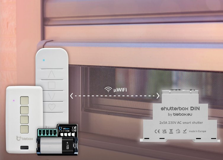 shutterbox DIN - inteligentne żaluzje blebox Zestaw inteligentnych żaluzji shutterbox DIN blebox.eu z pilotem i modułem sterującym – made in Europe.