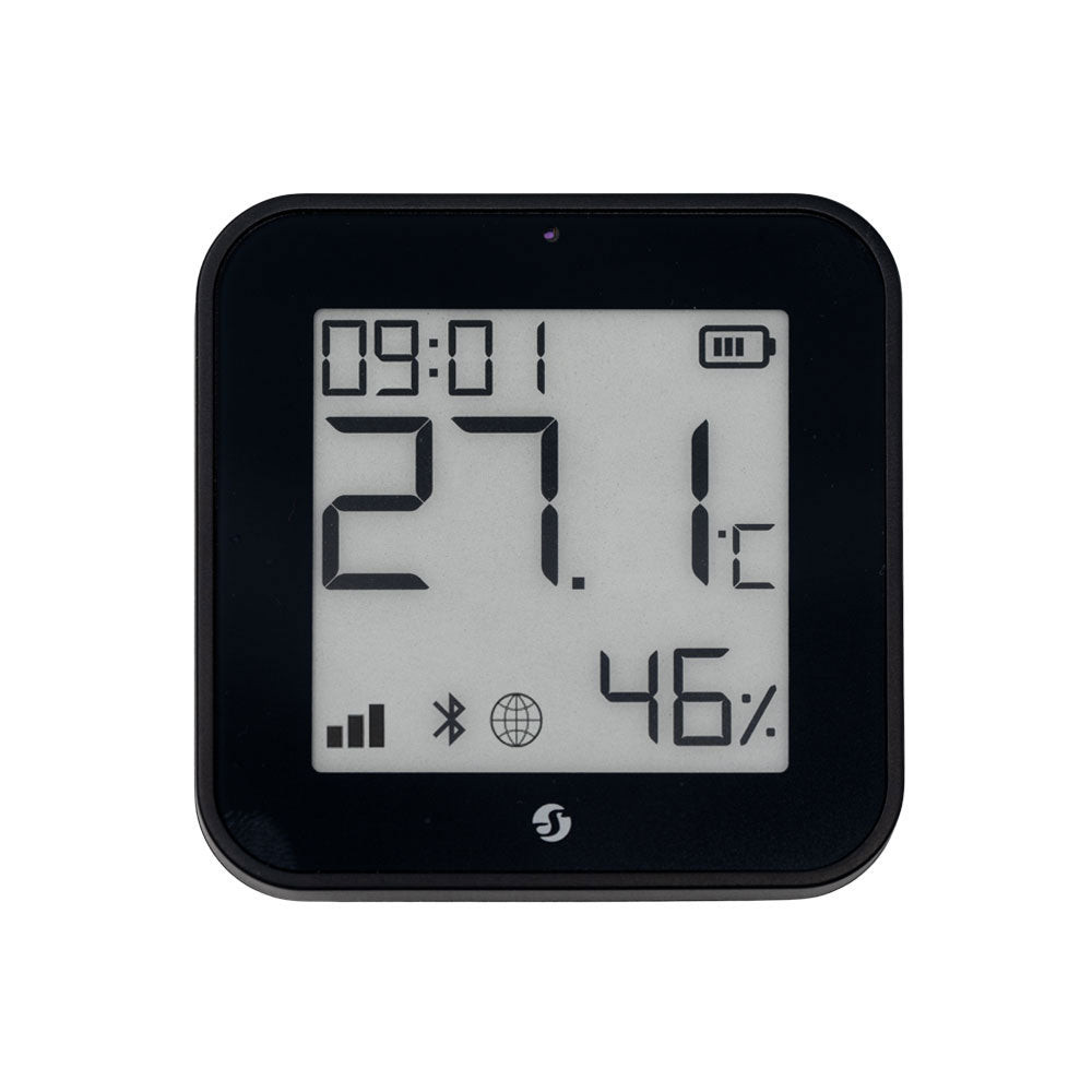 Czarny czujnik temperatury i wilgotności Shelly BLU H&T Display ZB z wyświetlaczem LCD