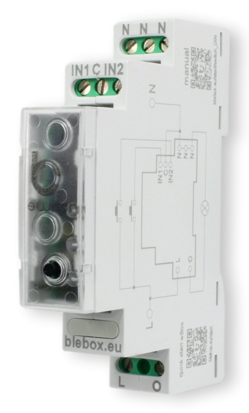 BleBox switchBox DIN BleBox switchBox DIN - przełącznik elektryczny z terminalami, rysunkiem i QR kodami
