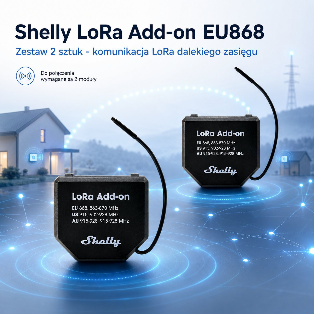 Zestaw 2 sztuk Shelly LoRa Add-on EU868 - czarne urządzenia do rozszerzania funkcjonalności domowych przekaźników