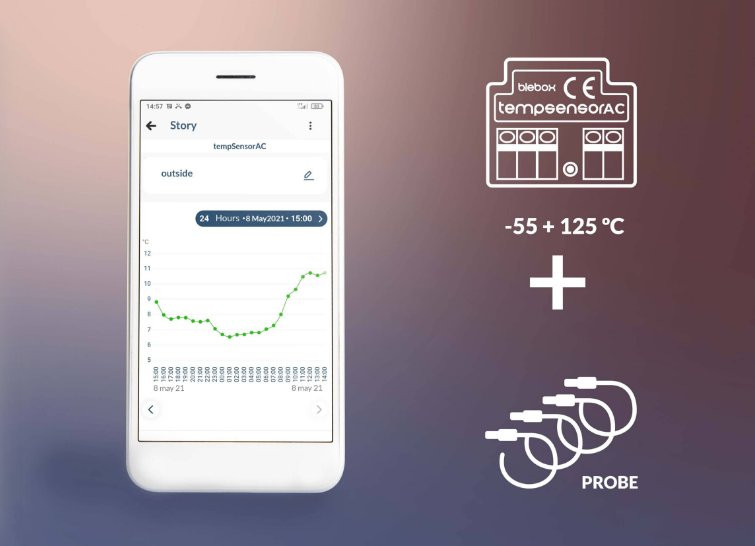 BleBox tempSensor AC - aplikacja mobilna pokazująca wykres temperatury oraz ikonę produktu z przewodem PROBE